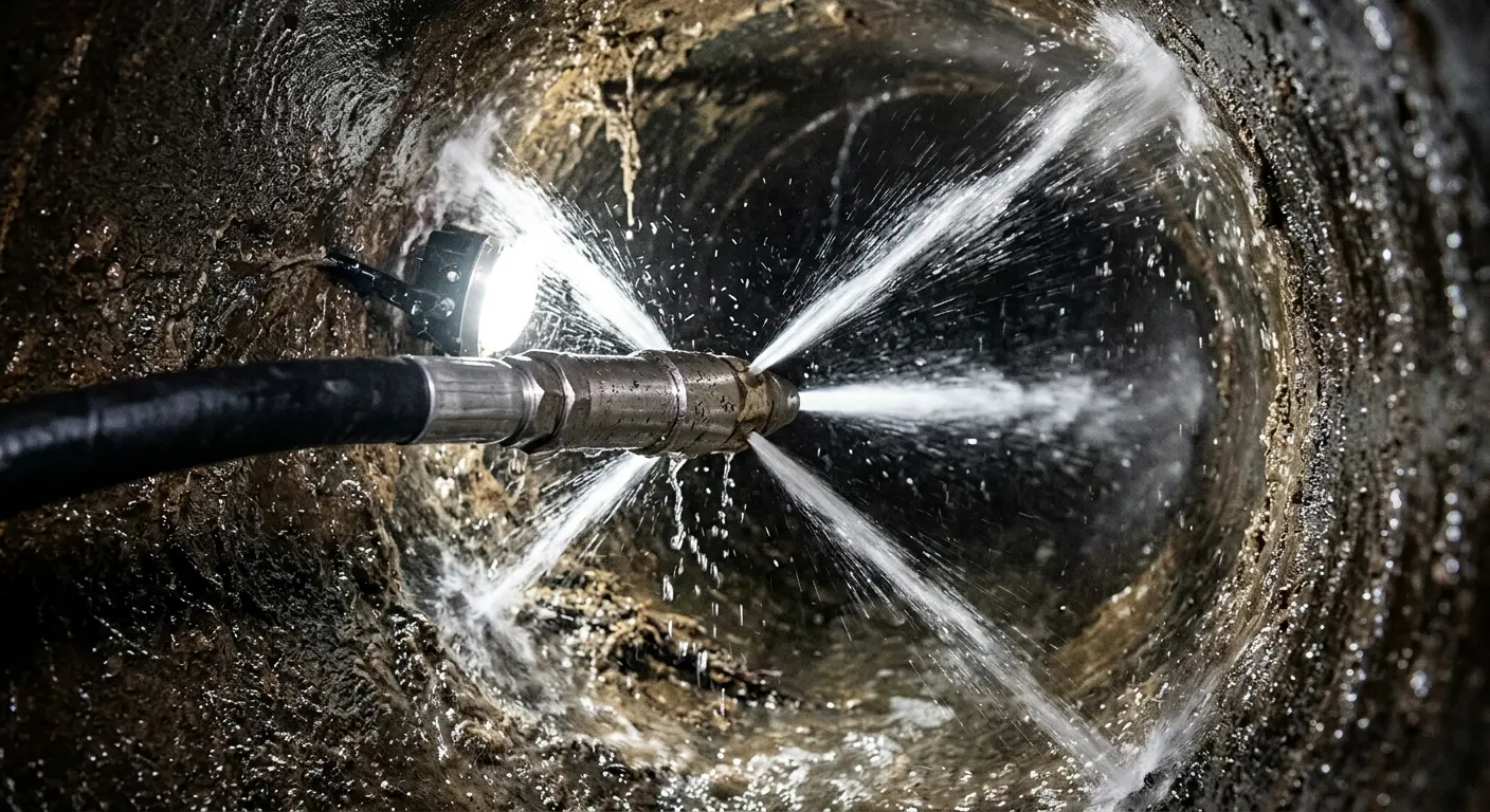 High-pressure hydro jetting nozzle cleaning sewer pipe for Emergency Drain Service in York