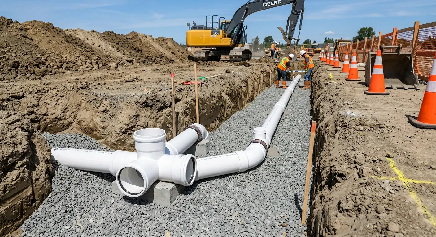New PVC sewer pipe installation in open trench for Sewer Backup in York